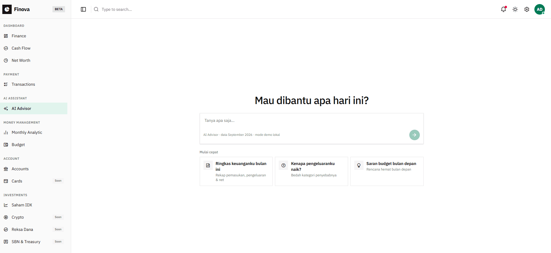 Halaman AI Advisor Finova
